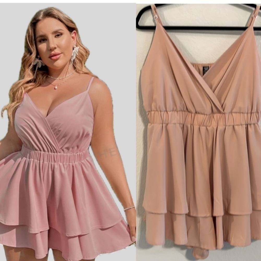 Shein Women Romper XL Pink Cross Front Ruched Waist Ruffle Tierer Contemporary